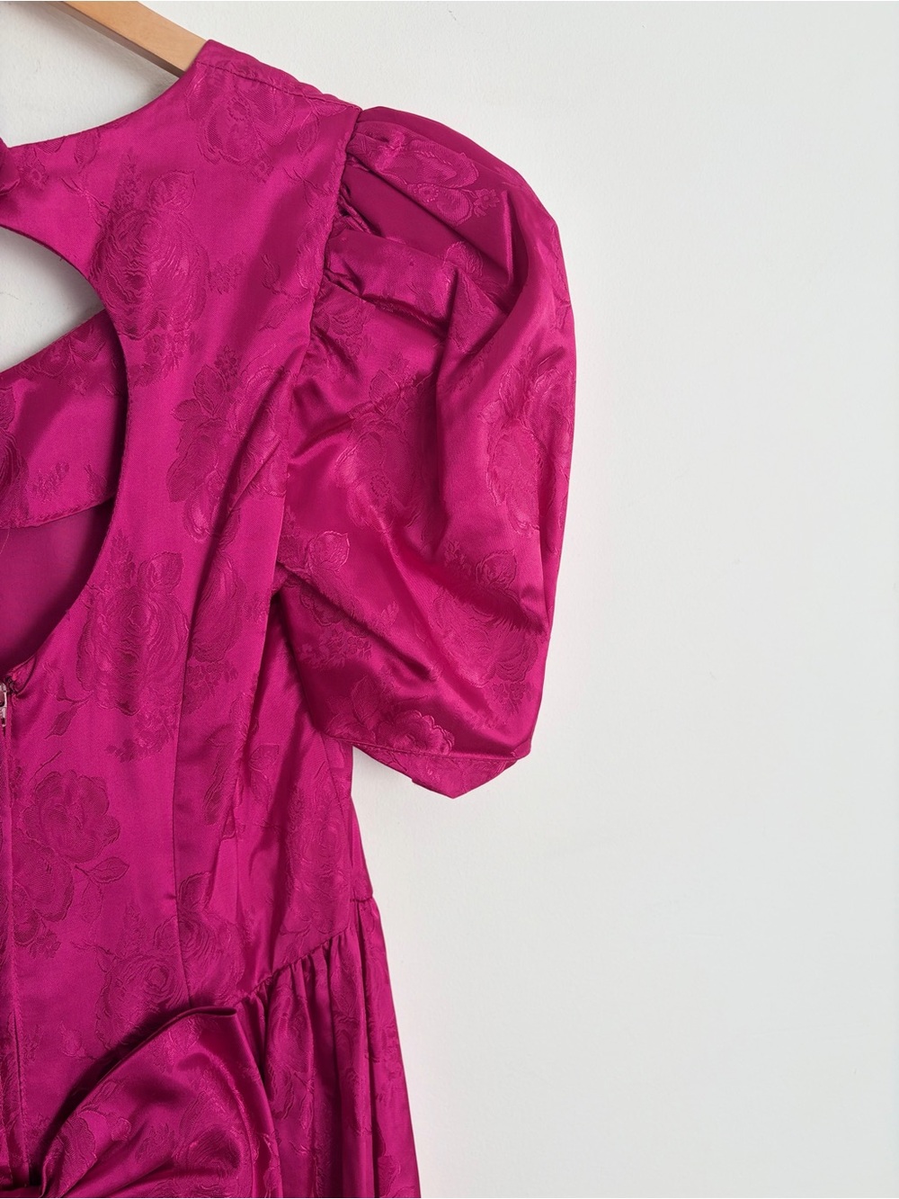 Vintage Fuchsia Rose Jacquard Basque Waist Puff Sleeve Dollcore Dress XS-S - Picture 6 of 12